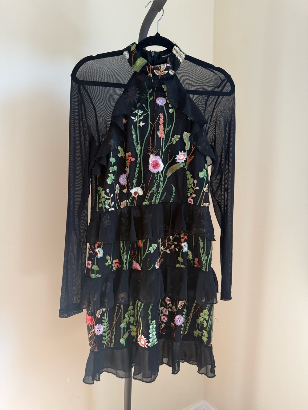 Floral Embroidered Black Mesh Ruffle Dress